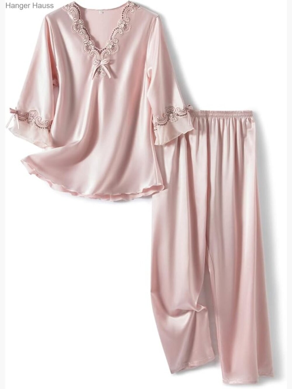 Satin Pajama Set 3/4 Sleeve V-Neck 2 Piece Sleepwear with Ruffle